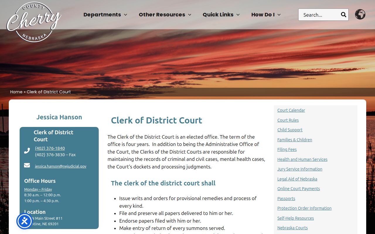 Cherry County arrest warrants, District Court Clerk contact