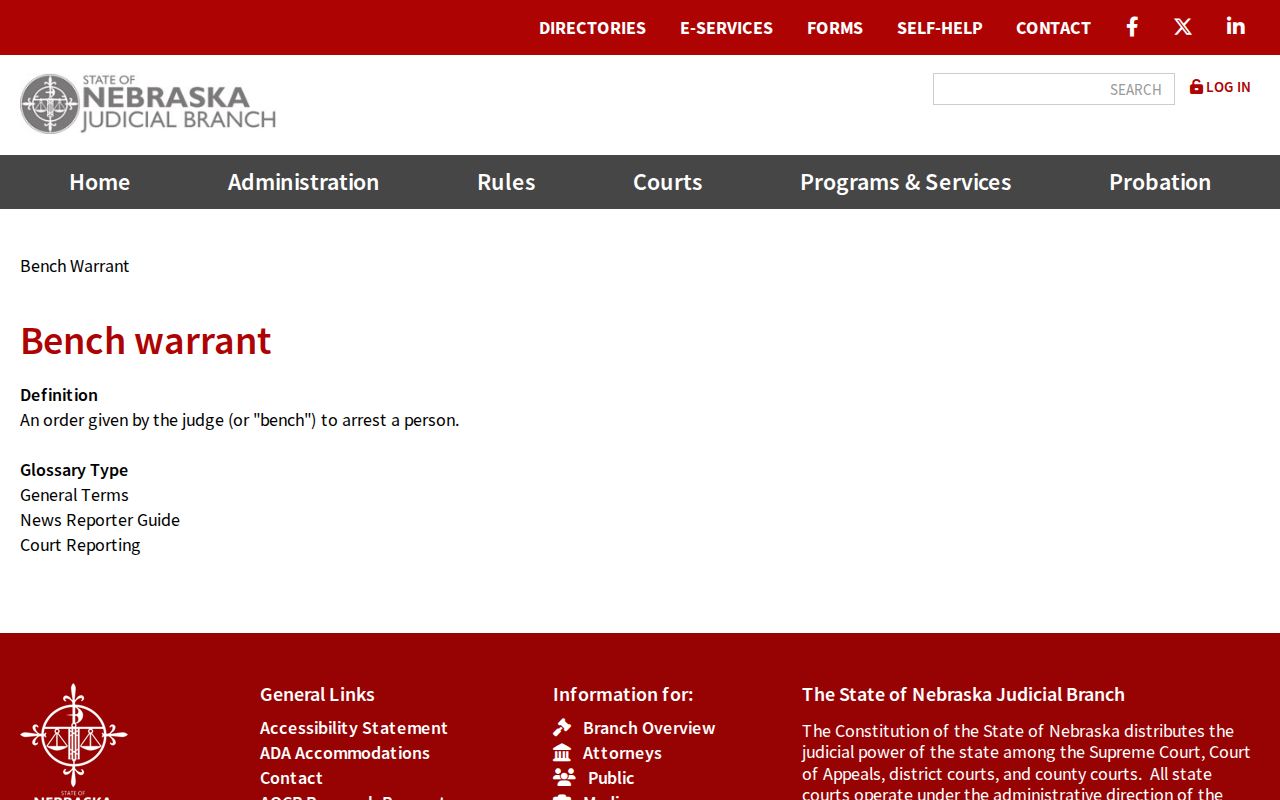 Cherry County bench warrants, Nebraska Judicial Branch definition
